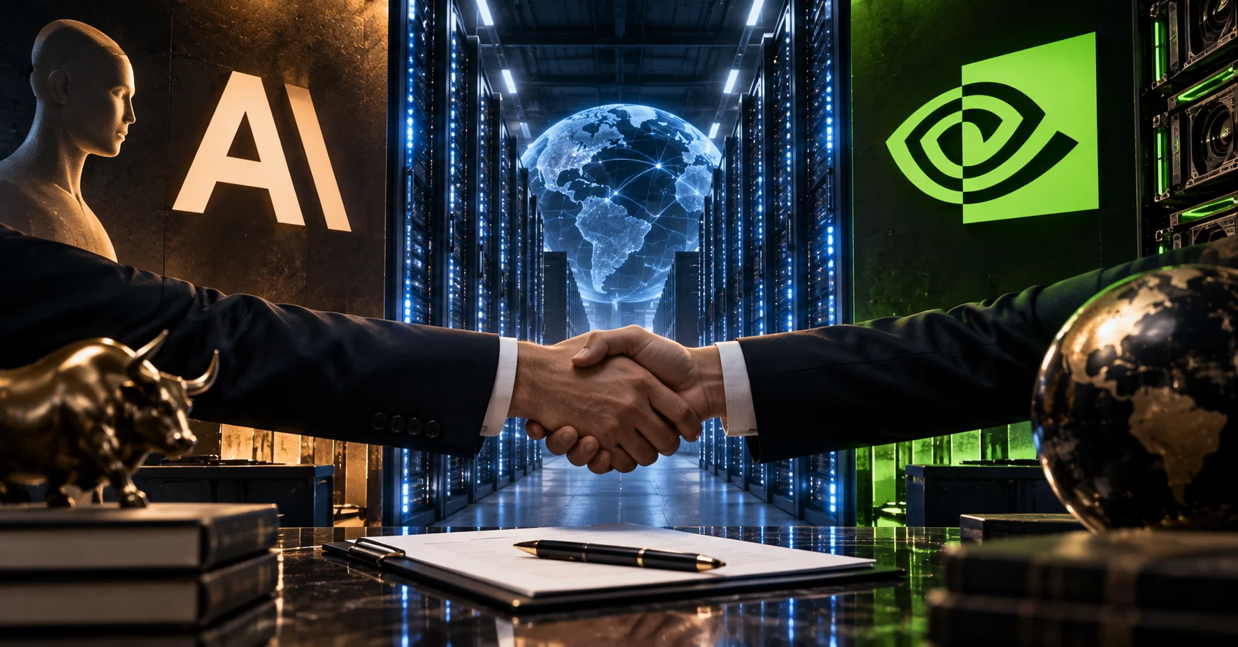 AI data centre and financial investment imagery symbolising a major partnership between a frontier AI company and chip supplier