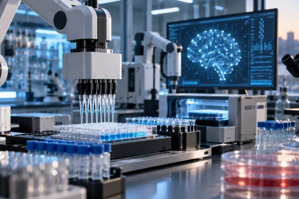 Editorial illustration of robotic laboratory equipment conducting biological experiments under AI-assisted control.