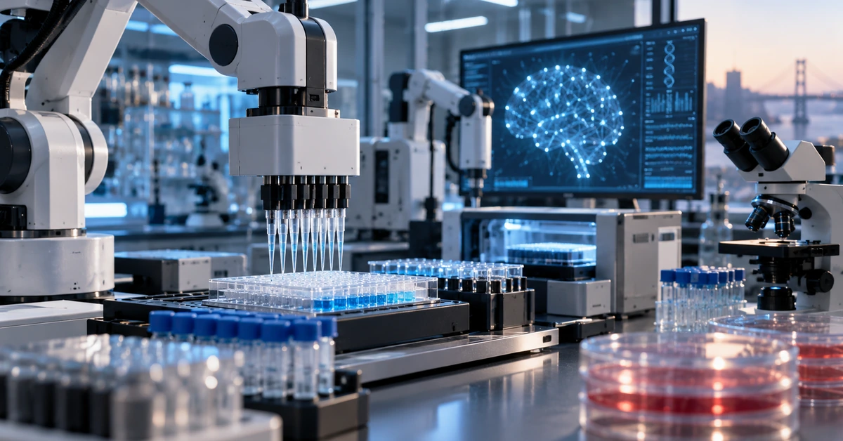 Editorial illustration of robotic laboratory equipment conducting biological experiments under AI-assisted control.