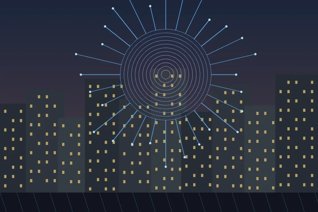 Abstract artificial intelligence circuitry rising above a financial district at dusk