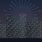 Abstract artificial intelligence circuitry rising above a financial district at dusk
