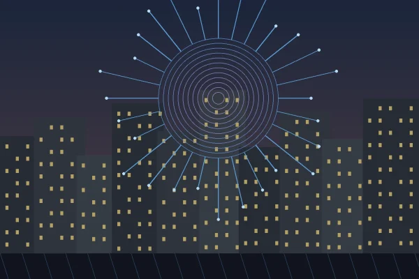 Abstract artificial intelligence circuitry rising above a financial district at dusk