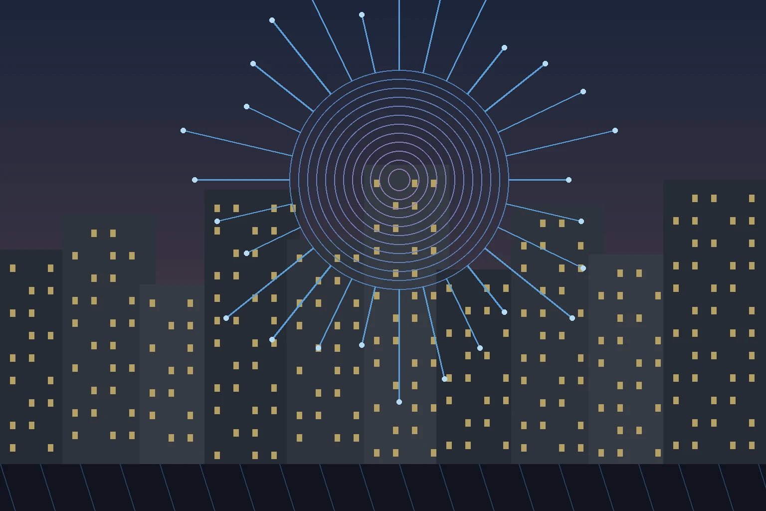 Abstract artificial intelligence circuitry rising above a financial district at dusk