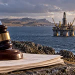 Illustration of an Argentine court order confronting offshore oil development near the Falkland Islands.