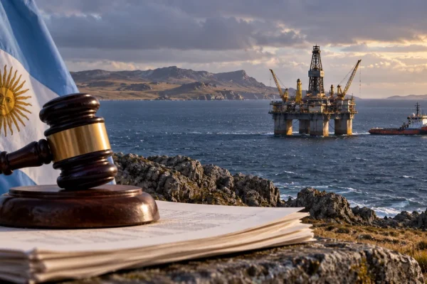 Illustration of an Argentine court order confronting offshore oil development near the Falkland Islands.