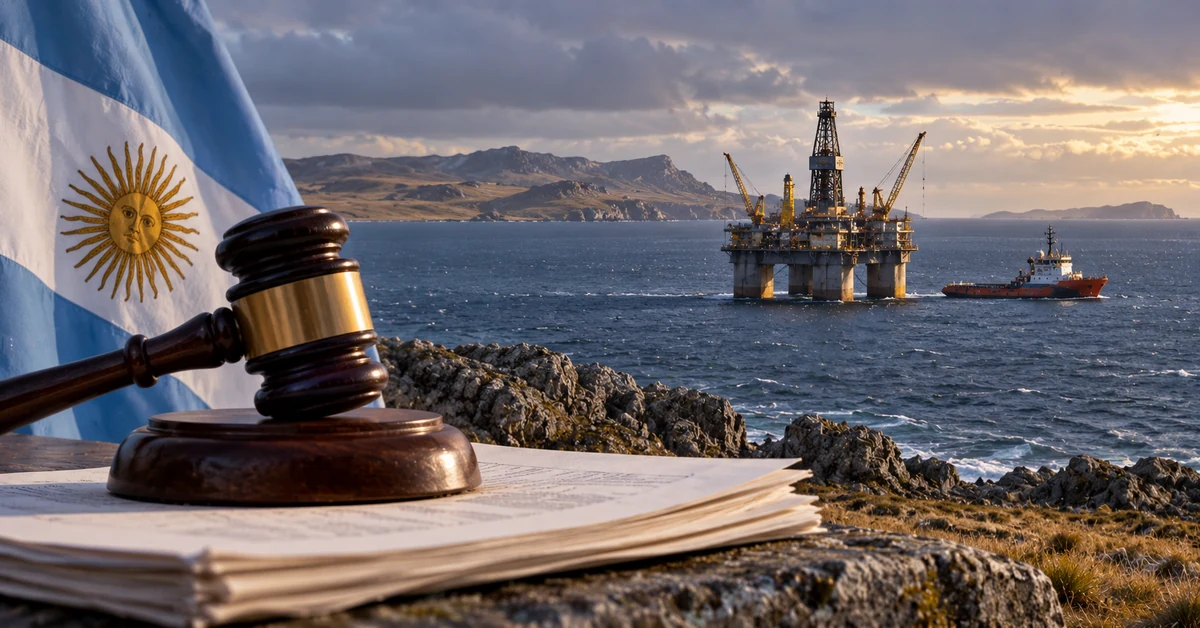 Illustration of an Argentine court order confronting offshore oil development near the Falkland Islands.
