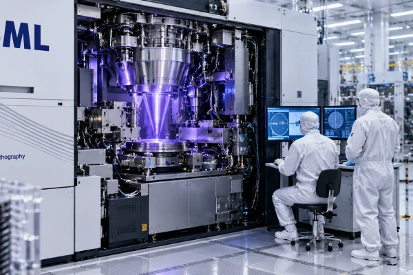 Advanced semiconductor lithography equipment operating inside a cleanroom with technicians nearby