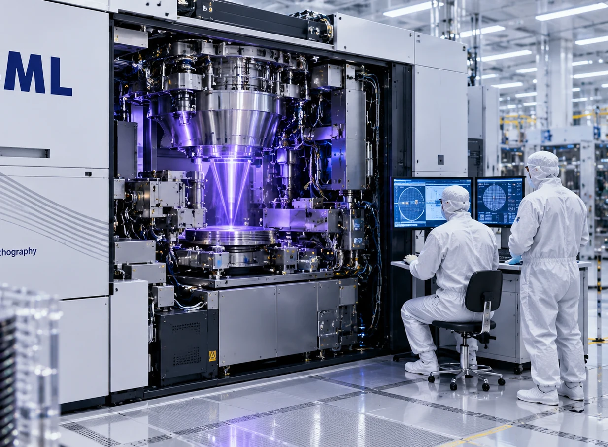 Advanced semiconductor lithography equipment operating inside a cleanroom with technicians nearby