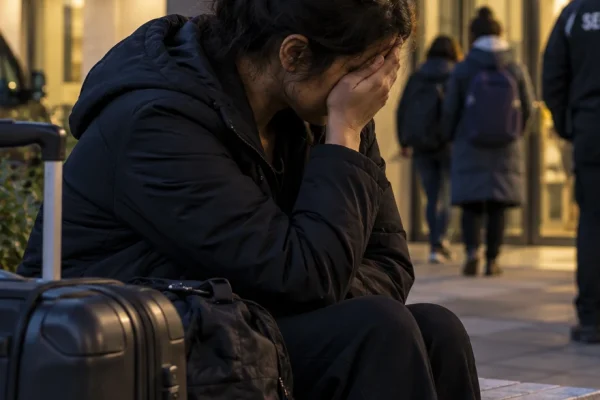 Distressed woman with luggage outside temporary accommodation at dusk
