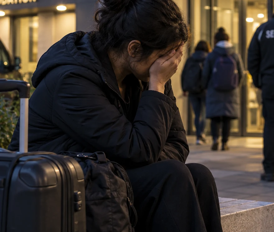 Distressed woman with luggage outside temporary accommodation at dusk