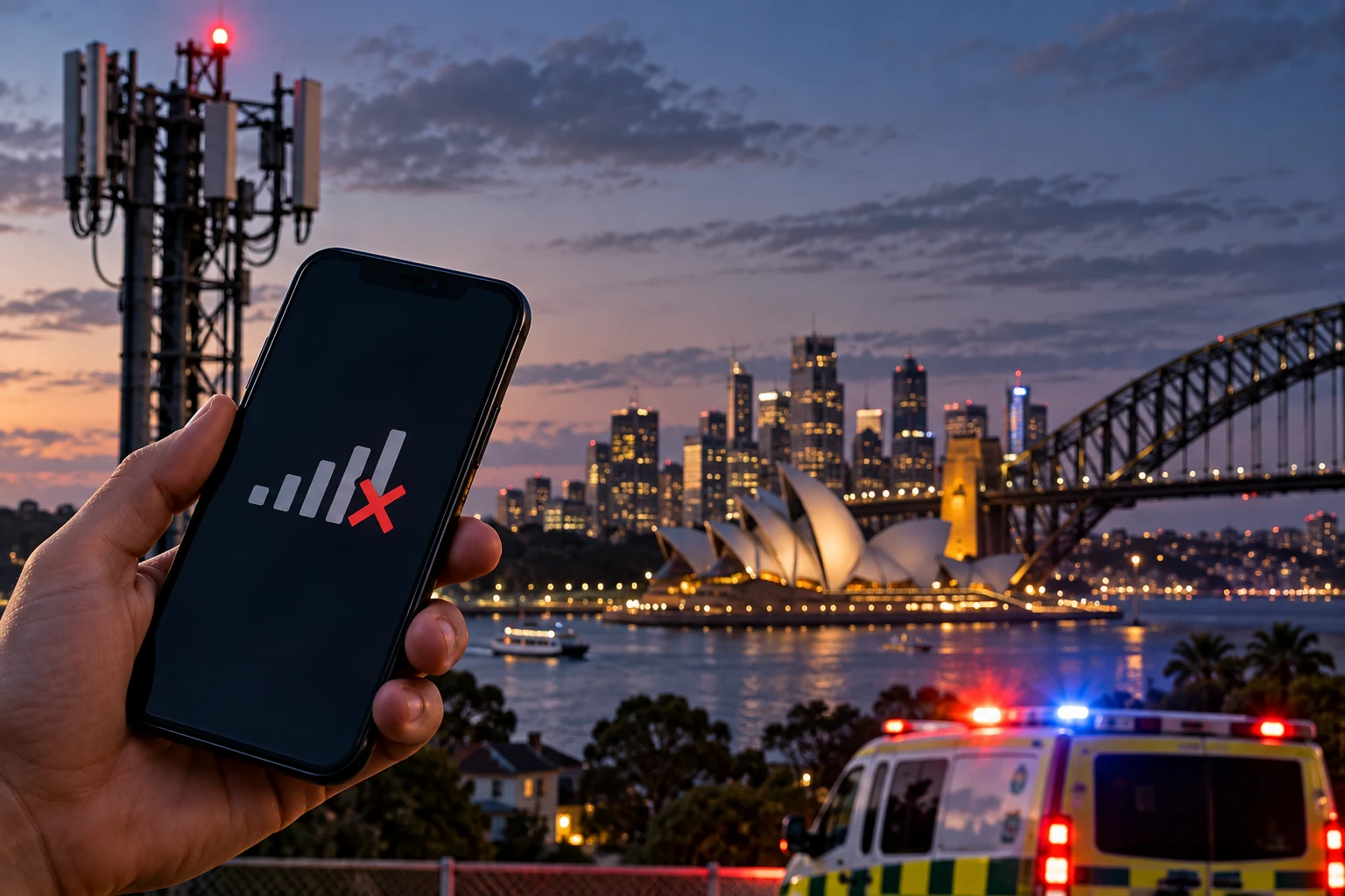 Mobile phone showing no signal beside telecommunications infrastructure and emergency services in Sydney
