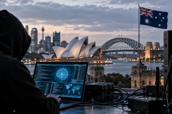 Cyber security equipment and a laptop overlooking Sydney Harbour, illustrating AI threats to Australian infrastructure.