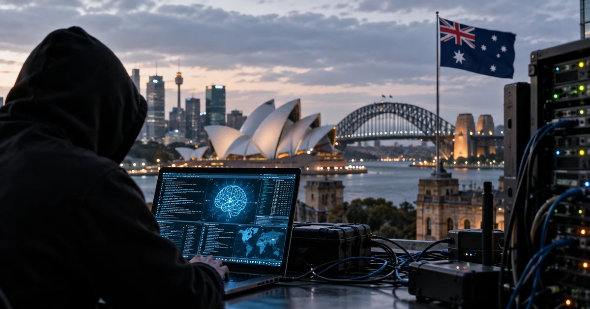 Cyber security equipment and a laptop overlooking Sydney Harbour, illustrating AI threats to Australian infrastructure.