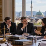 Illustration of Austrian policymakers debating law and religious freedom in a government chamber overlooking Vienna.