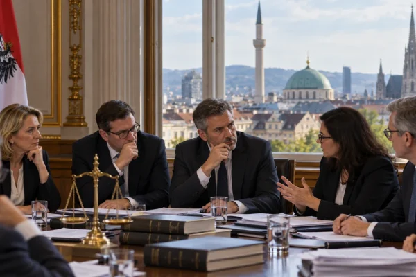Illustration of Austrian policymakers debating law and religious freedom in a government chamber overlooking Vienna.