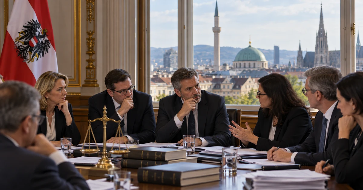 Illustration of Austrian policymakers debating law and religious freedom in a government chamber overlooking Vienna.