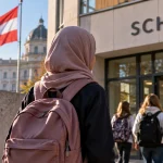 Illustration of a girl wearing a hijab approaching an Austrian school as the country's new headscarf ban takes effect.