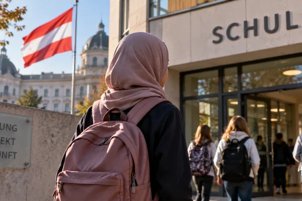 Illustration of a girl wearing a hijab approaching an Austrian school as the country's new headscarf ban takes effect.