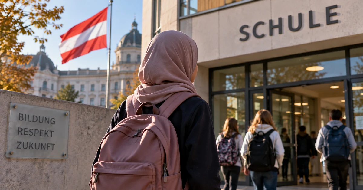 Illustration of a girl wearing a hijab approaching an Austrian school as the country's new headscarf ban takes effect.