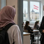 Editorial illustration of a schoolgirl wearing a hijab speaking with a school official in an Austrian school corridor.