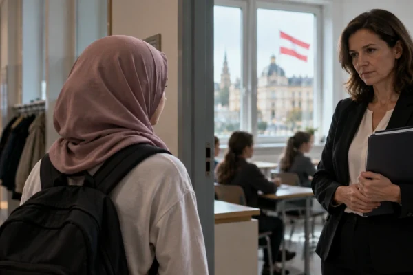 Editorial illustration of a schoolgirl wearing a hijab speaking with a school official in an Austrian school corridor.