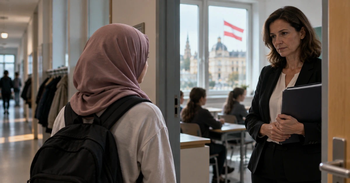 Editorial illustration of a schoolgirl wearing a hijab speaking with a school official in an Austrian school corridor.