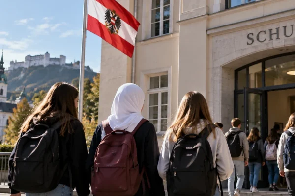 Schoolchildren entering an Austrian school, including a girl wearing a headscarf, illustrating the new under-14 hijab restriction.