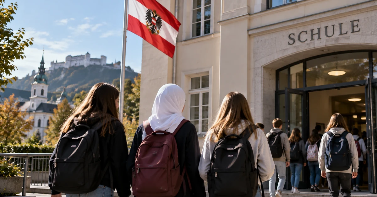 Schoolchildren entering an Austrian school, including a girl wearing a headscarf, illustrating the new under-14 hijab restriction.