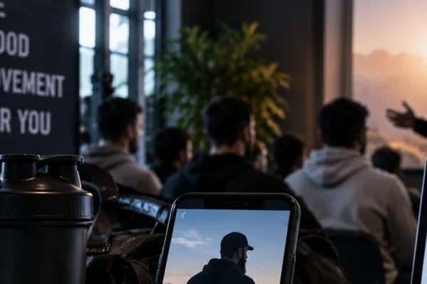 Young men at a fitness and self-improvement gathering with digital devices, illustrating Austria's report on changing political-Islam influence methods.