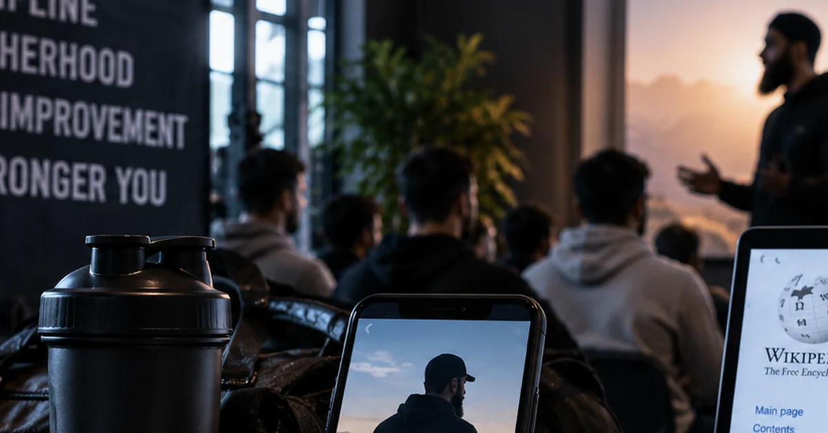 Young men at a fitness and self-improvement gathering with digital devices, illustrating Austria's report on changing political-Islam influence methods.