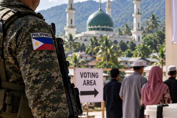 A voter casting a ballot at a Bangsamoro polling station while security personnel stand nearby