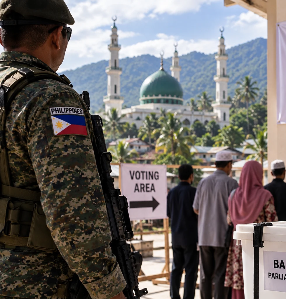 A voter casting a ballot at a Bangsamoro polling station while security personnel stand nearby