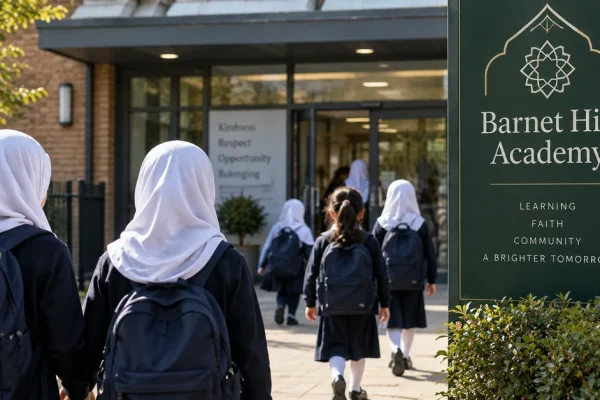 Illustration of primary-school pupils in uniform, some wearing white hijabs, entering a school.