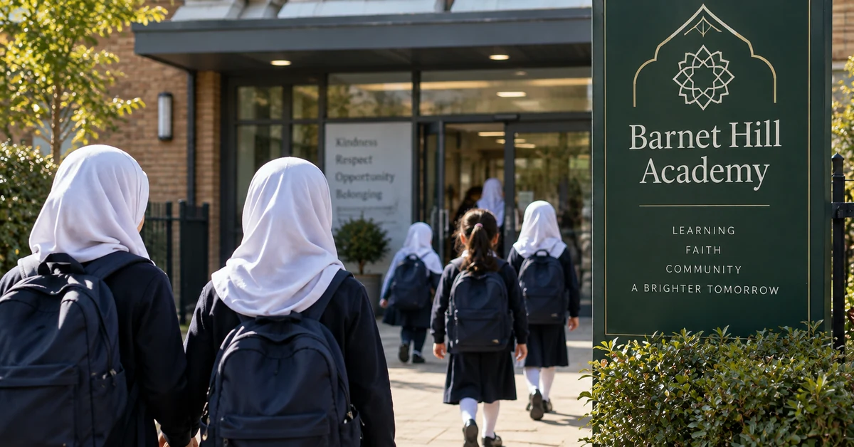 Illustration of primary-school pupils in uniform, some wearing white hijabs, entering a school.