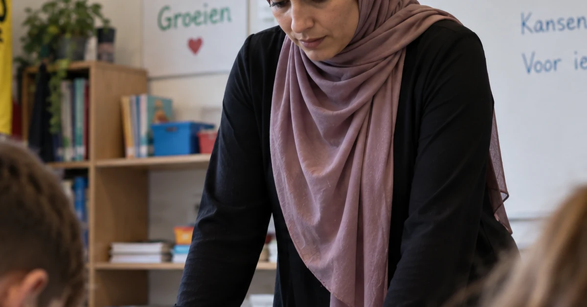 A teacher wearing a hijab in a Belgian classroom, illustrating the East Flanders dismissal over school neutrality rules.