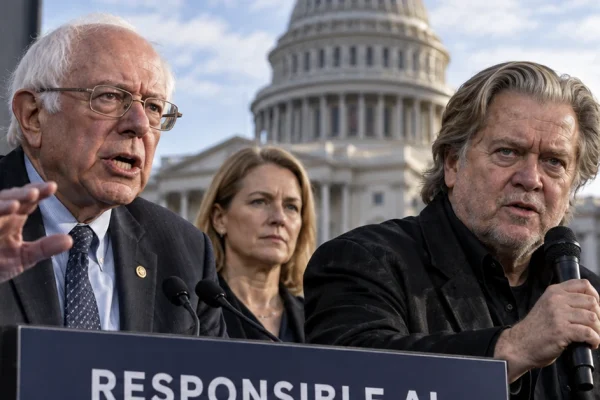 Bernie Sanders and Steve Bannon at a Washington-style AI policy event, illustrating their unusual convergence around stronger AI restrictions.