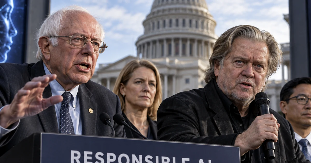Bernie Sanders and Steve Bannon at a Washington-style AI policy event, illustrating their unusual convergence around stronger AI restrictions.