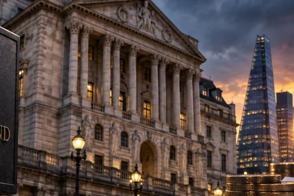 Bank of England building in London at dusk with financial and energy imagery