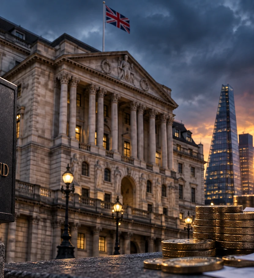 Bank of England building in London at dusk with financial and energy imagery