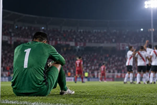 A goalkeeper sitting beside his goal after conceding during a night football match, illustrating an alleged threat and match-integrity investigation.