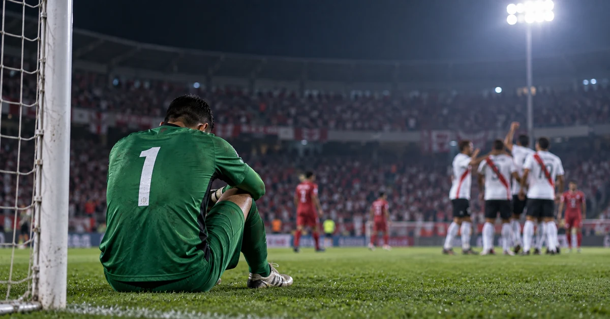 A goalkeeper sitting beside his goal after conceding during a night football match, illustrating an alleged threat and match-integrity investigation.