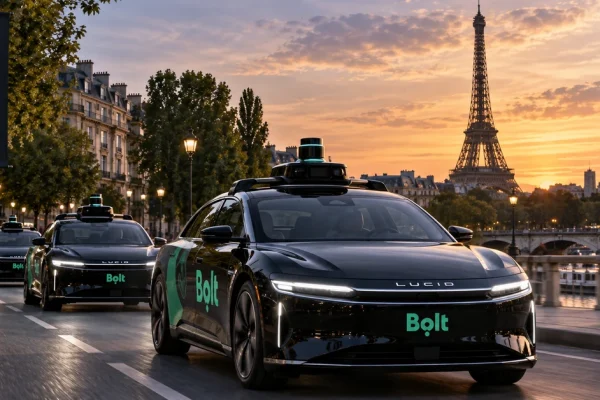Illustration of a fleet of autonomous ride-hailing cars travelling through a European city without visible drivers.