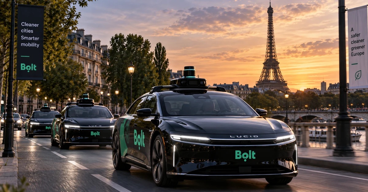 Illustration of a fleet of autonomous ride-hailing cars travelling through a European city without visible drivers.