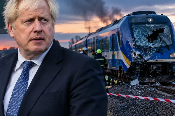 Boris Johnson near a damaged passenger train following a drone strike close to the Polish border