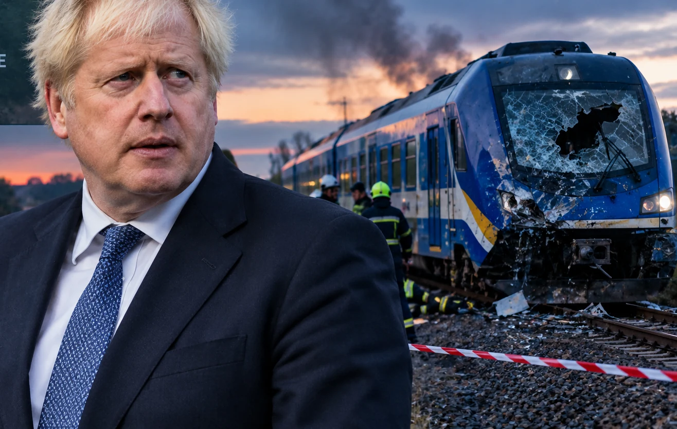 Boris Johnson near a damaged passenger train following a drone strike close to the Polish border