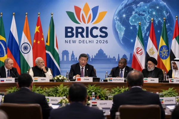 BRICS leaders meeting in New Delhi with a digital global network display behind them