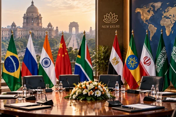 International summit conference table in New Delhi surrounded by flags of BRICS member states