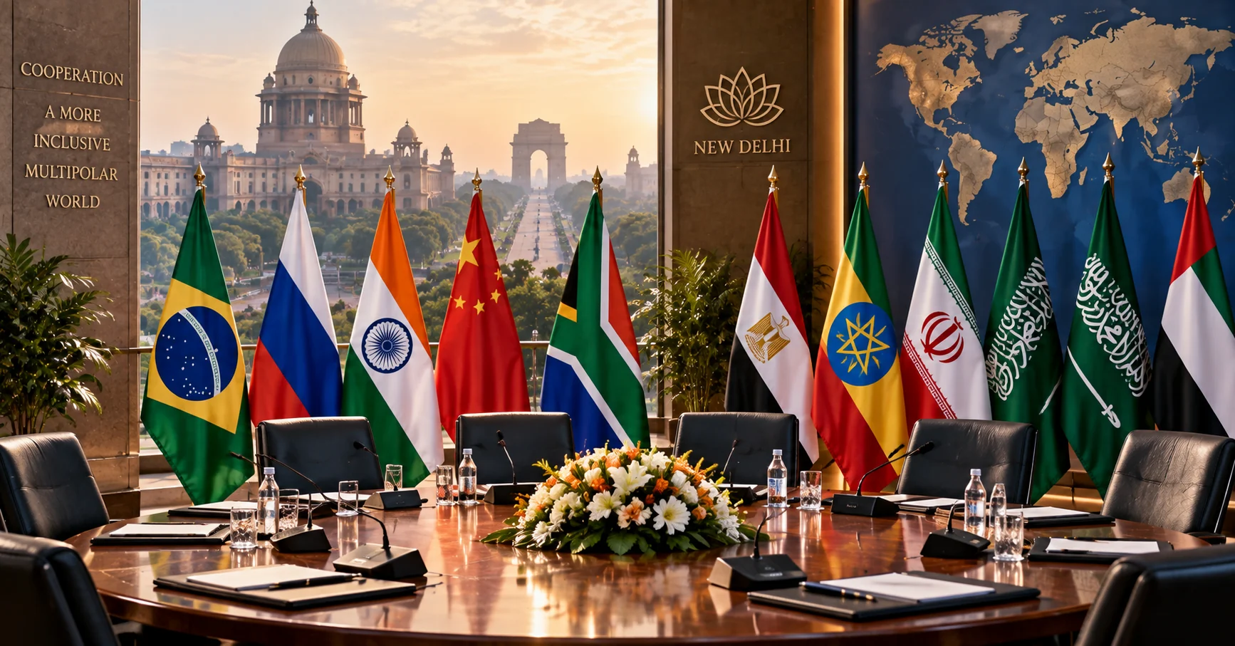 International summit conference table in New Delhi surrounded by flags of BRICS member states