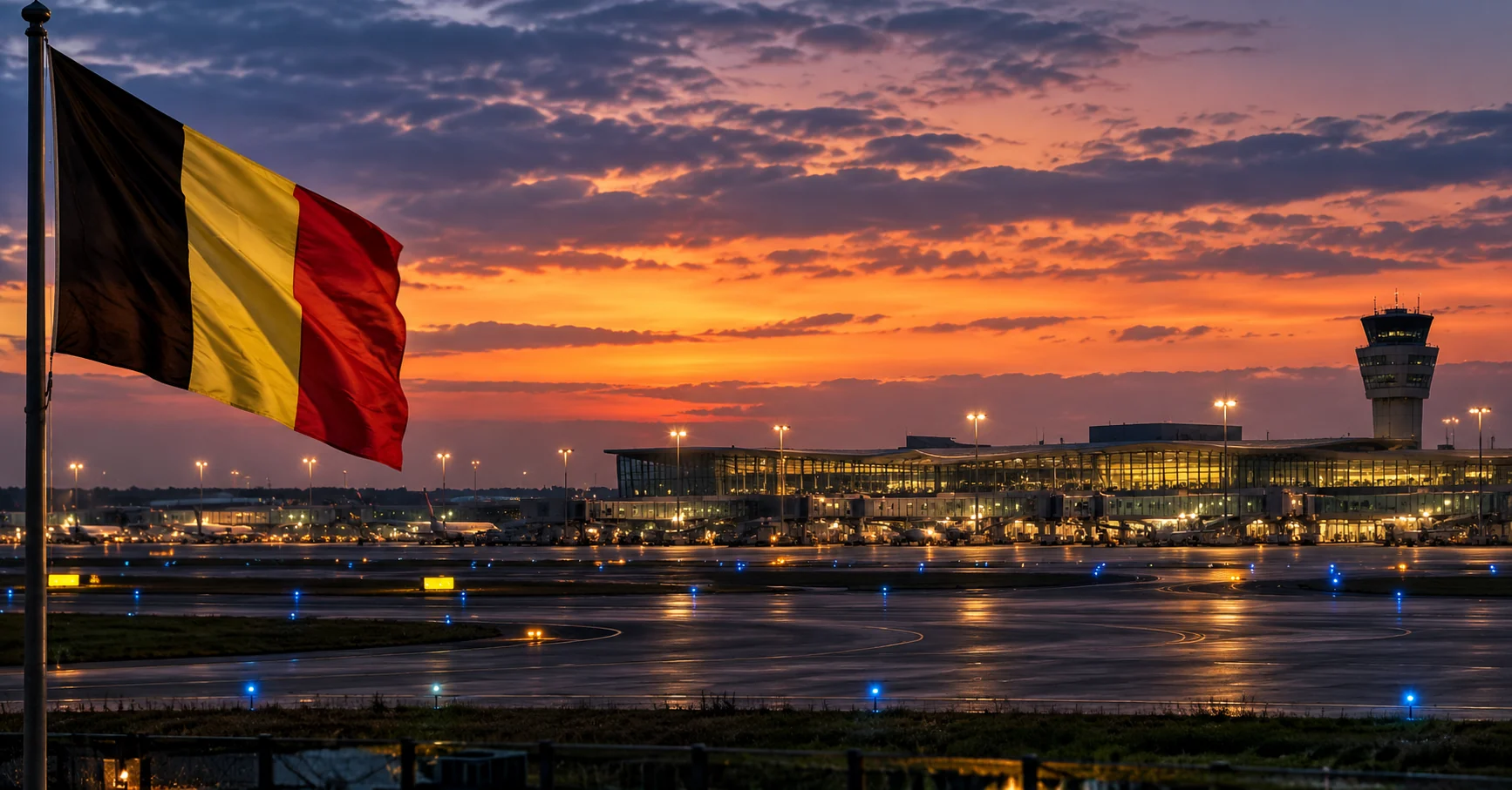 Belgian flag overlooking an airport runway and terminal at dusk