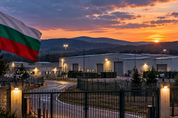 Secured Bulgarian industrial storage facility at dusk with the Bulgarian flag in the foreground